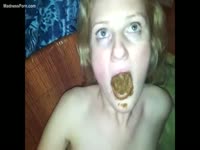Incredible video of a first timer teen eating a massive amount of scat and struggling through it